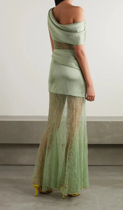 Vestido de fiesta de un solo hombro con encaje y corte en la cintura